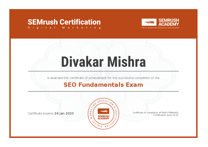 SEMrush SEO Fundamental Certificate for Divakar Mishra