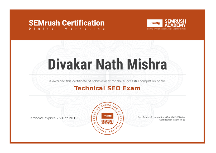 SEMrush Technical SEO Certificate for Divakar Mishra